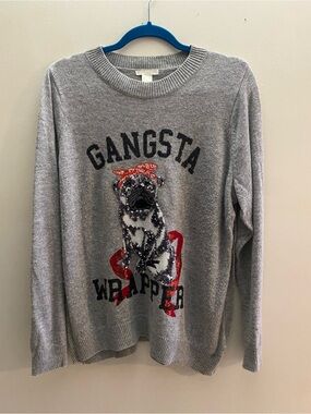 H&M Gray 'Gangsta Wrapper' Embellished Pug Sweater with Red Accent